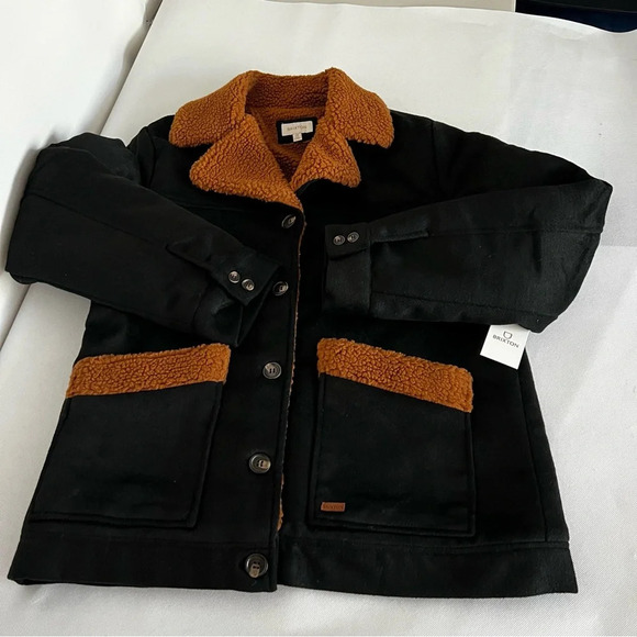 Brixton Nouvelle Coat Sherpa Lined Size Medium Black/Brown Button Closure Peacoa - Picture 2 of 13